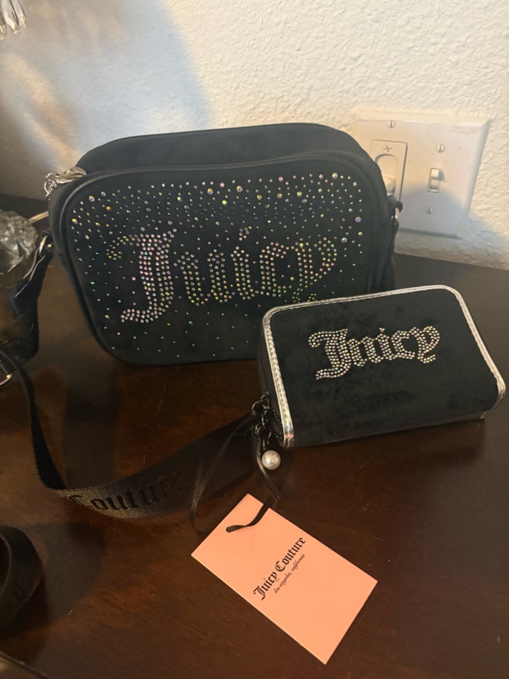 Juicy Couture Black Velvet Rhinestone Crossbody & Zip Wallet Set